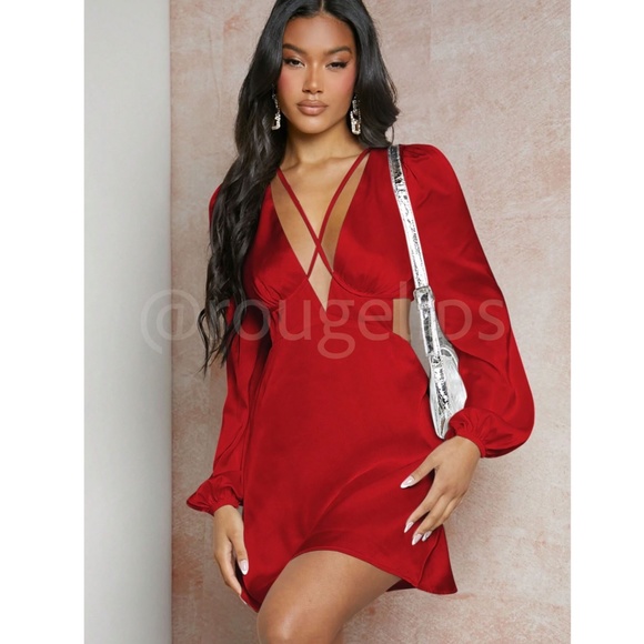 Rouge! Dresses & Skirts - Strappy Red Satin Cut Out V-Neck Short Dress Long Lantern Sleeves Tie Neck